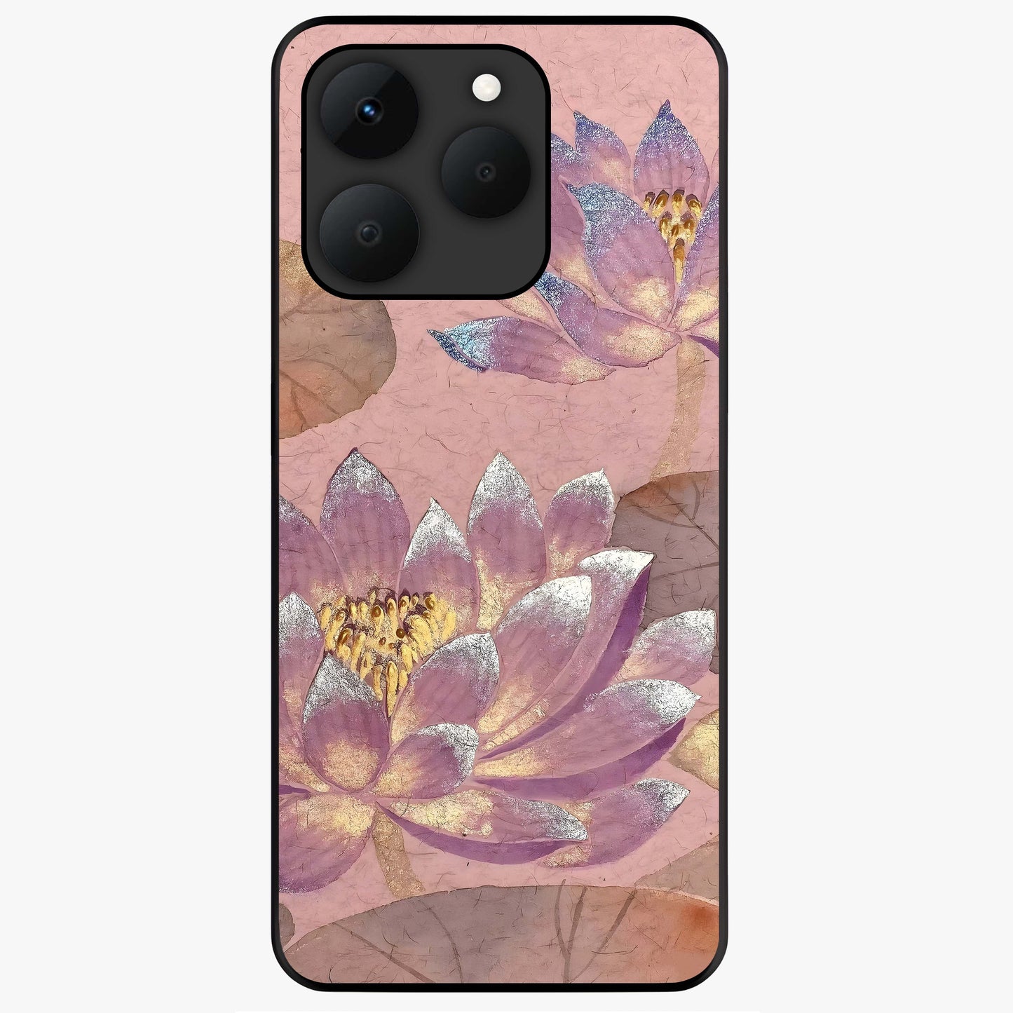 Blossom Mist Lotus Glass Case showing flat back view with serene lotus blossom artwork and glossy glass finish.