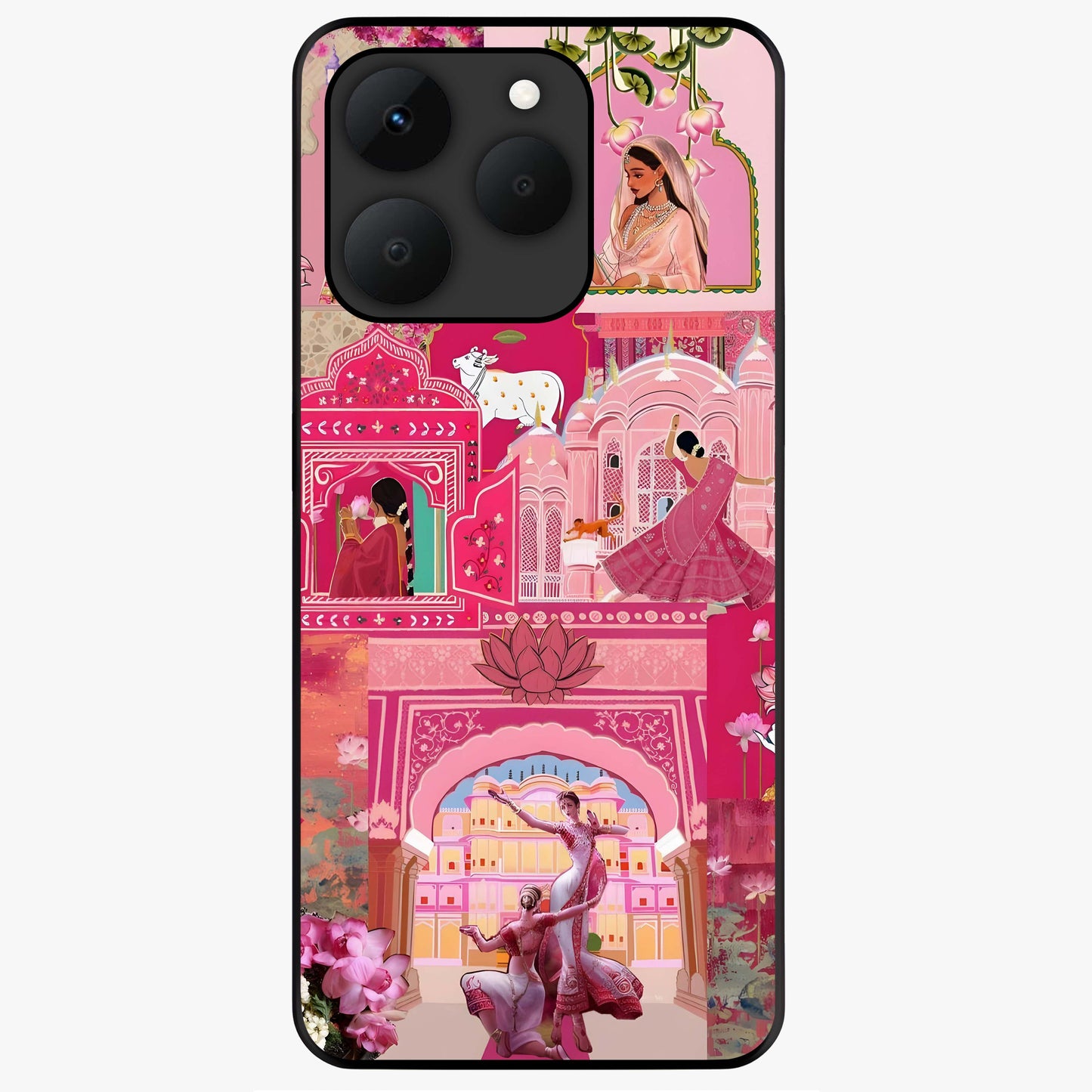 Blossoms of Rajasthan Glass Case showing flat back view with traditional floral artwork inspired by Rajasthan and glossy glass finish.