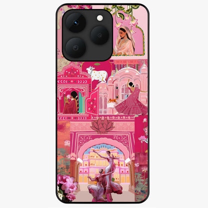 Blossoms of Rajasthan Glass Case showing flat back view with traditional floral artwork inspired by Rajasthan and glossy glass finish.