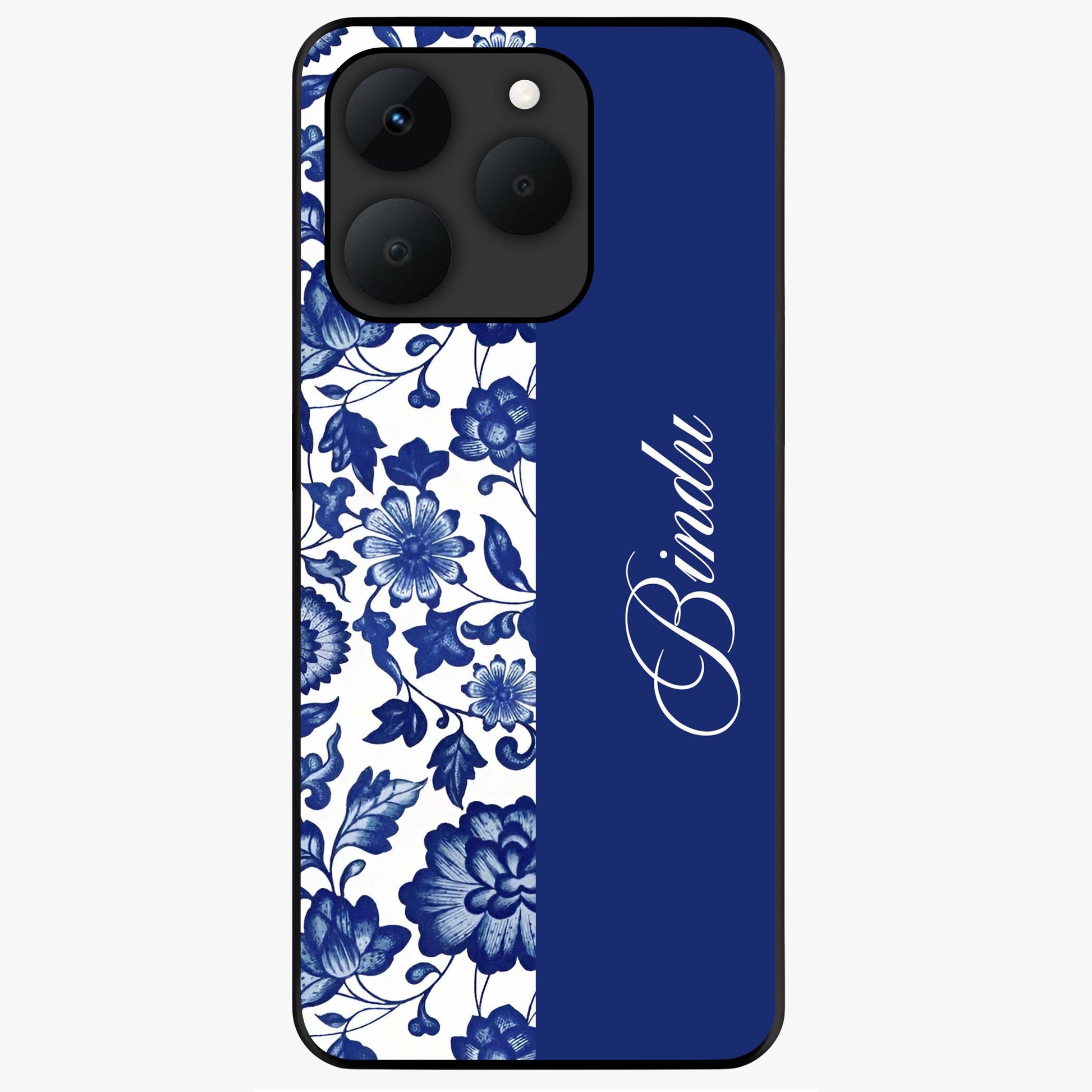 Blue Vintage Floral Pattern Glass Case upright view showcasing timeless floral illustration with vintage inspired style.