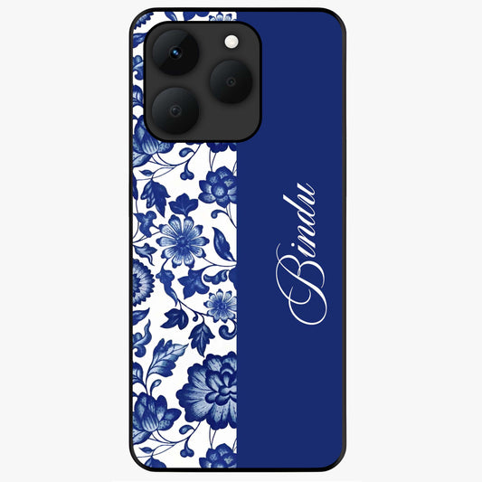 Blue Vintage Floral Pattern Glass Case upright view showcasing timeless floral illustration with vintage inspired style.