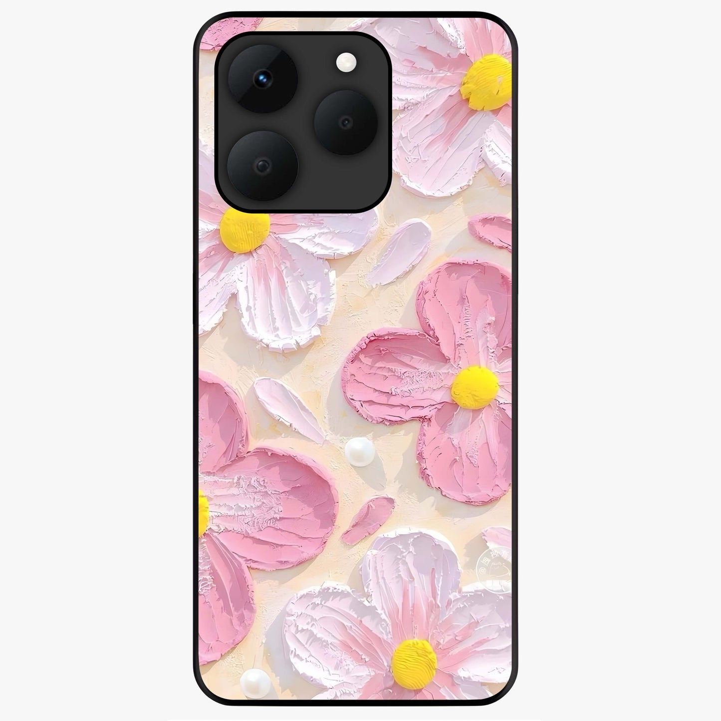 Blush Bloom Texture Glass Case showing flat back view with soft blush floral texture artwork and glossy glass finish.