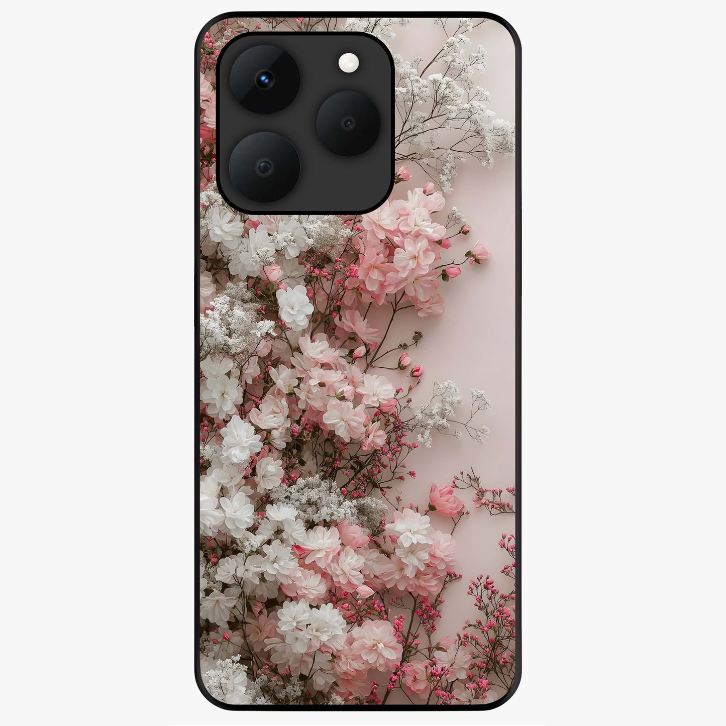 Blush Blossom Cloud Glass Case showing flat back view with dreamy blush cloud blossom artwork and glossy glass finish.