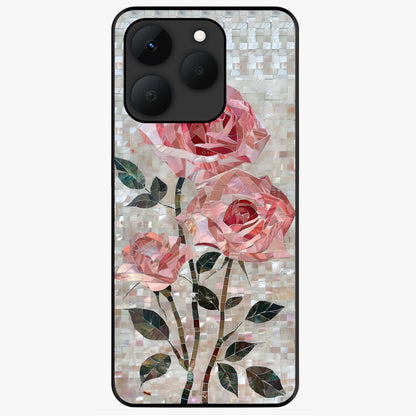 Blush Mosaic Bloom Glass Case showing flat back view with mosaic floral bloom artwork and glossy glass finish.