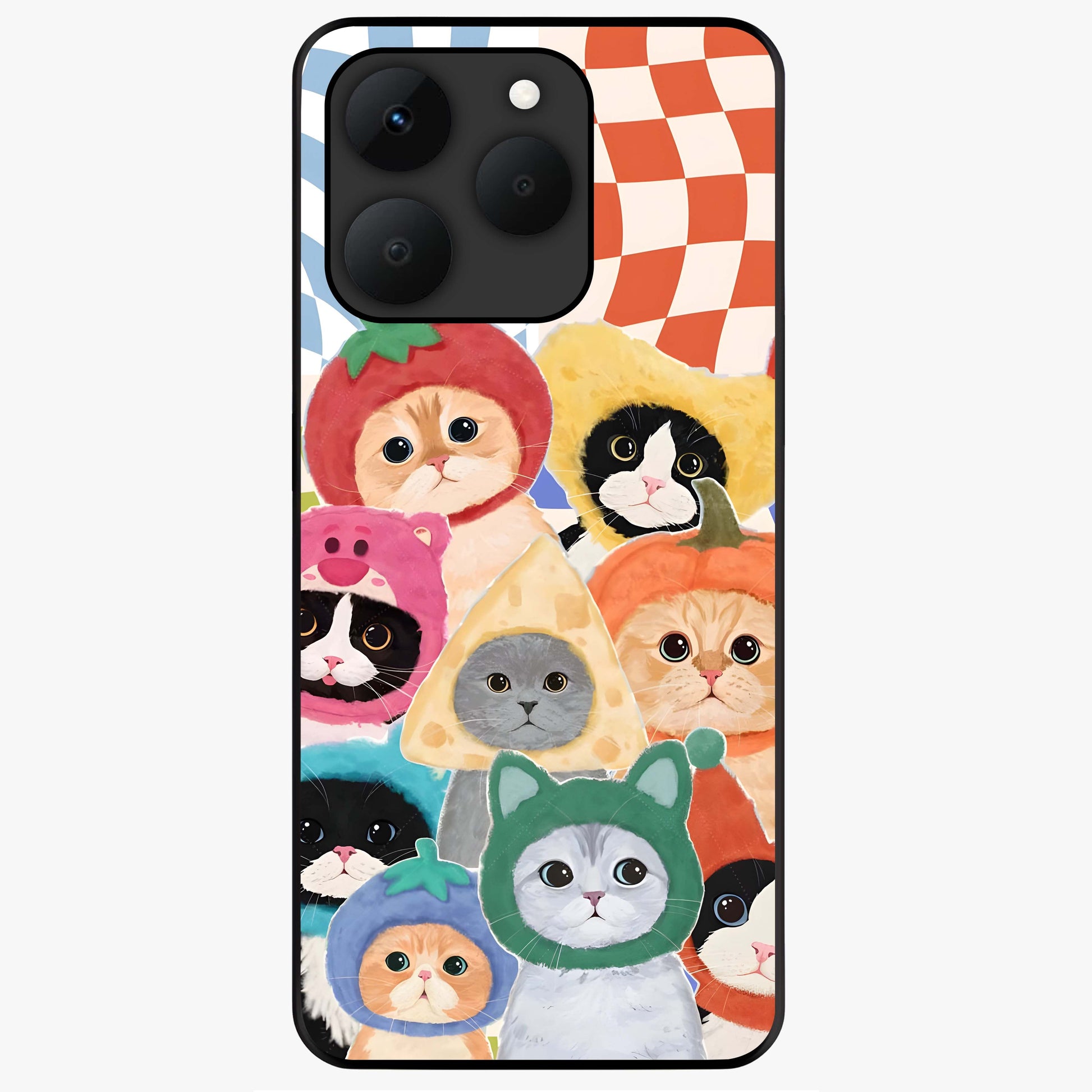 Cats in Fruits Glass Case showing flat back view with playful cat illustrations inside fruit artwork and glossy glass finish.