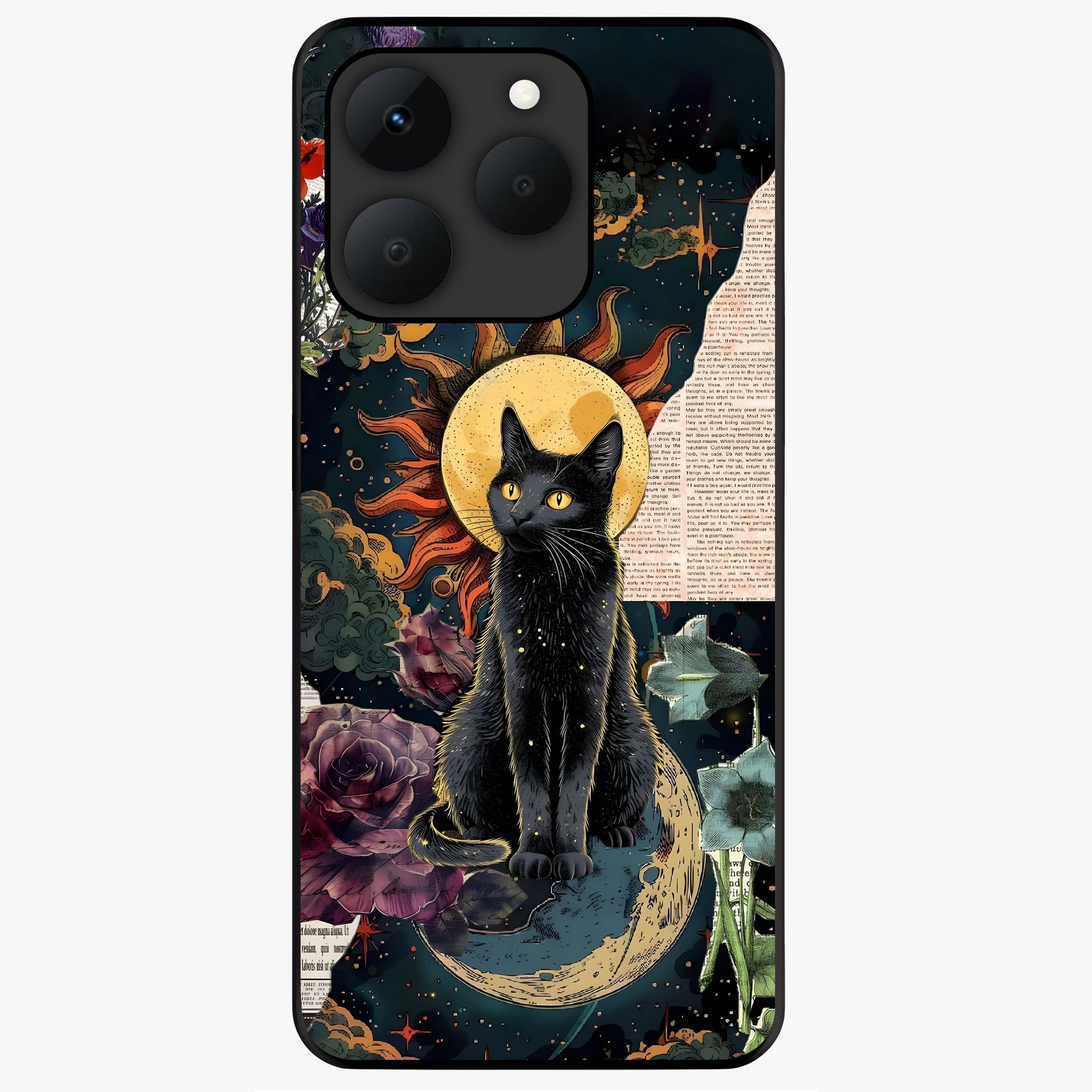 Celestial Black Cat Glass Case showing flat back view with mystical black cat artwork and glossy glass finish.