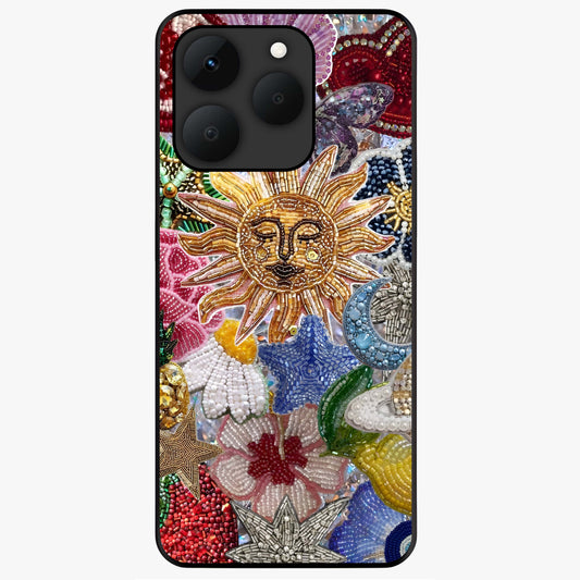 Celestial Floral and Playful Glass Case showing flat back view with floral and celestial themed artwork and glossy glass finish.