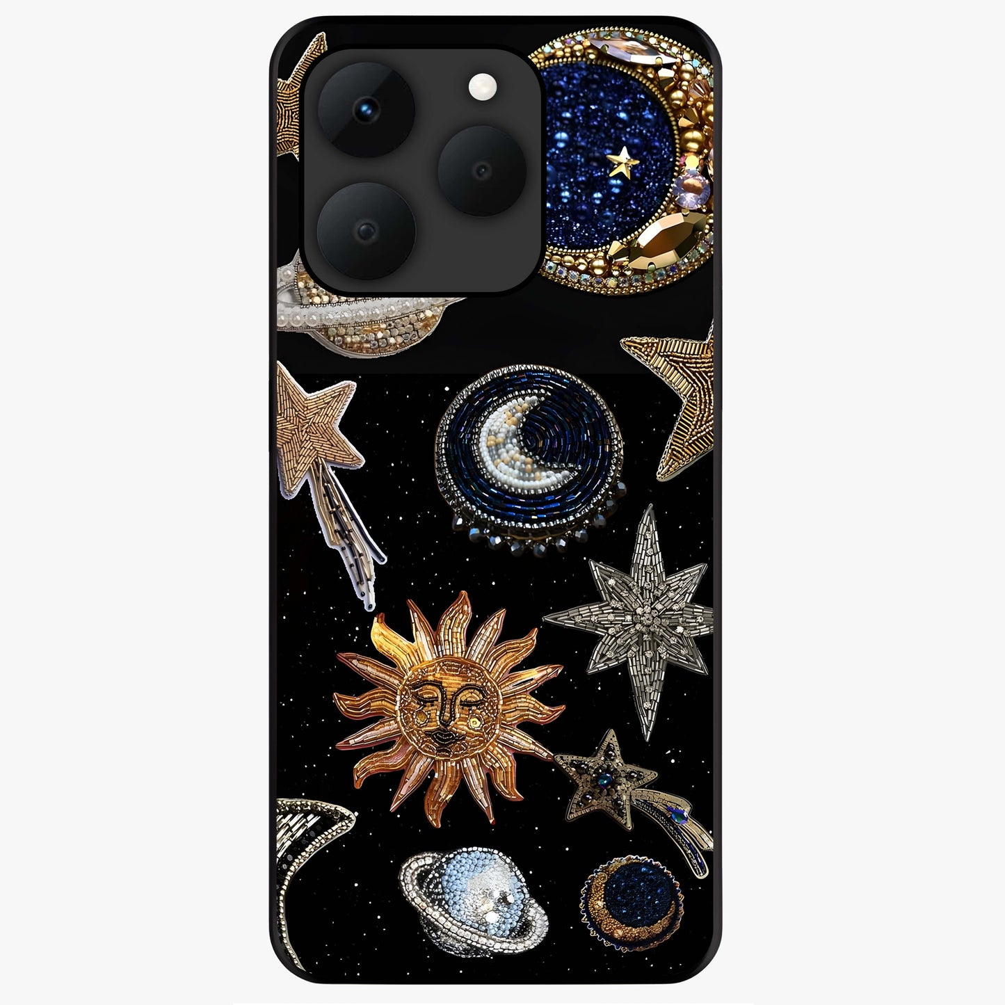 Celestial Gem Constellations Glass Case showing flat back view with sparkling constellation artwork and glossy glass finish.
