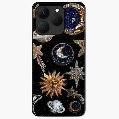Celestial Gem Constellations Glass Case showing flat back view with sparkling constellation artwork and glossy glass finish.