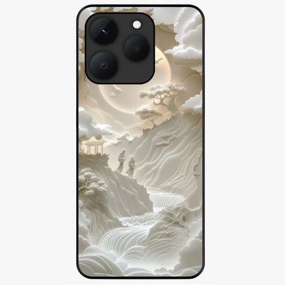 Celestial Origami Glass Case showing flat back view with artistic origami inspired celestial artwork and glossy glass finish.