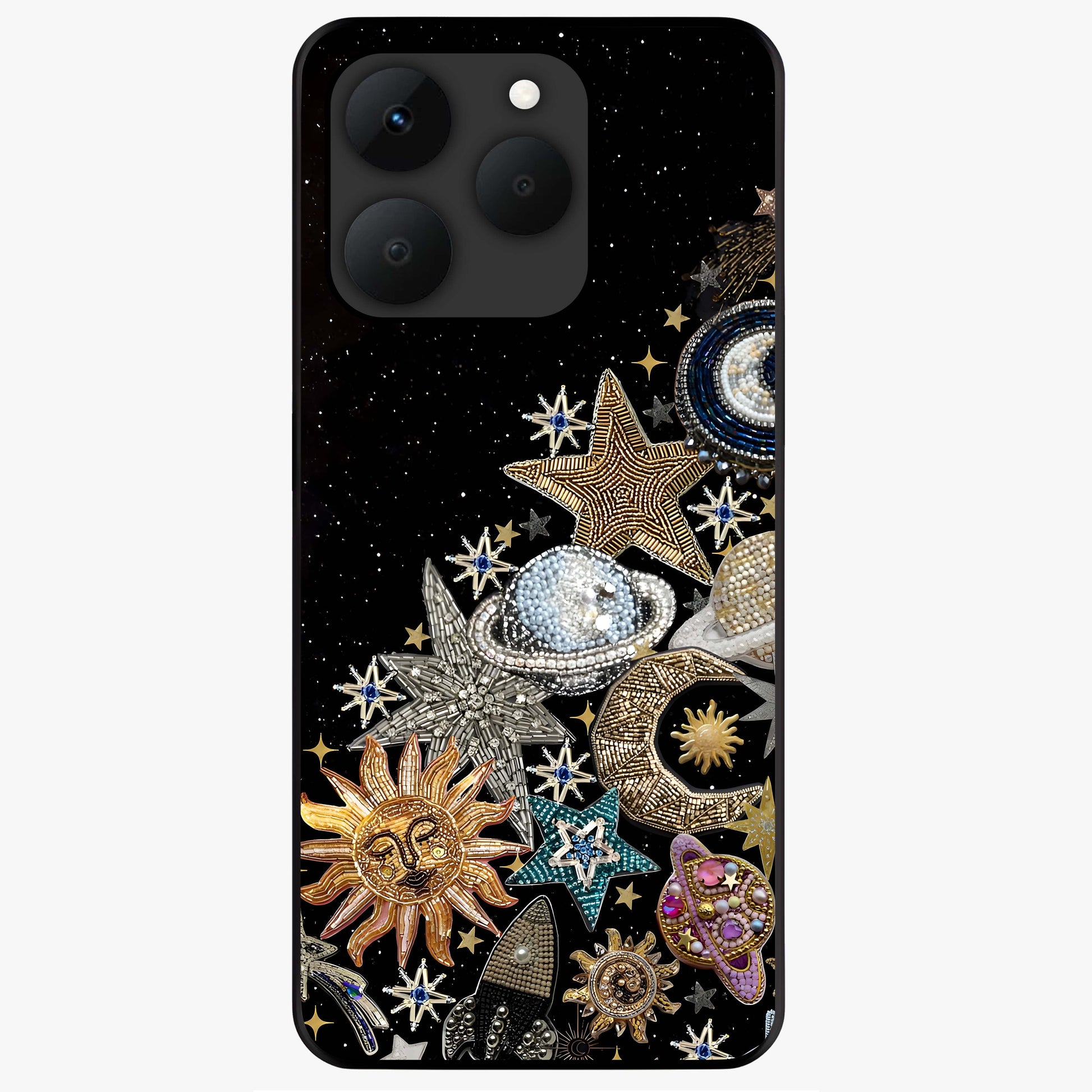 Cosmic Sparkle Dreams Glass Case showing flat back view with sparkling cosmic artwork and glossy glass finish.