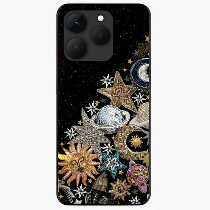Cosmic Sparkle Dreams Glass Case showing flat back view with sparkling cosmic artwork and glossy glass finish.