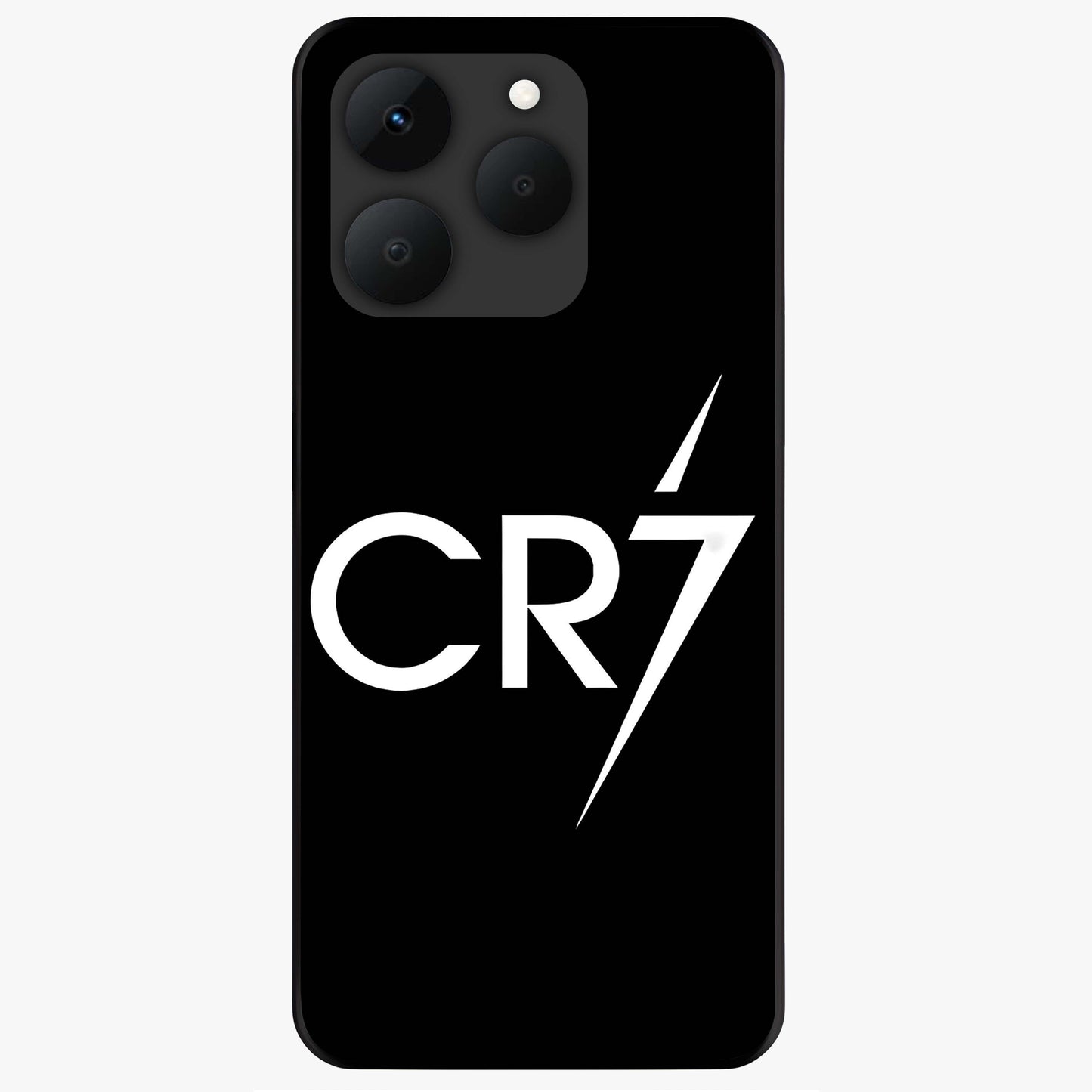Cr7 Elite Strike Glass Case showing flat back view with dynamic football inspired artwork and glossy glass finish.