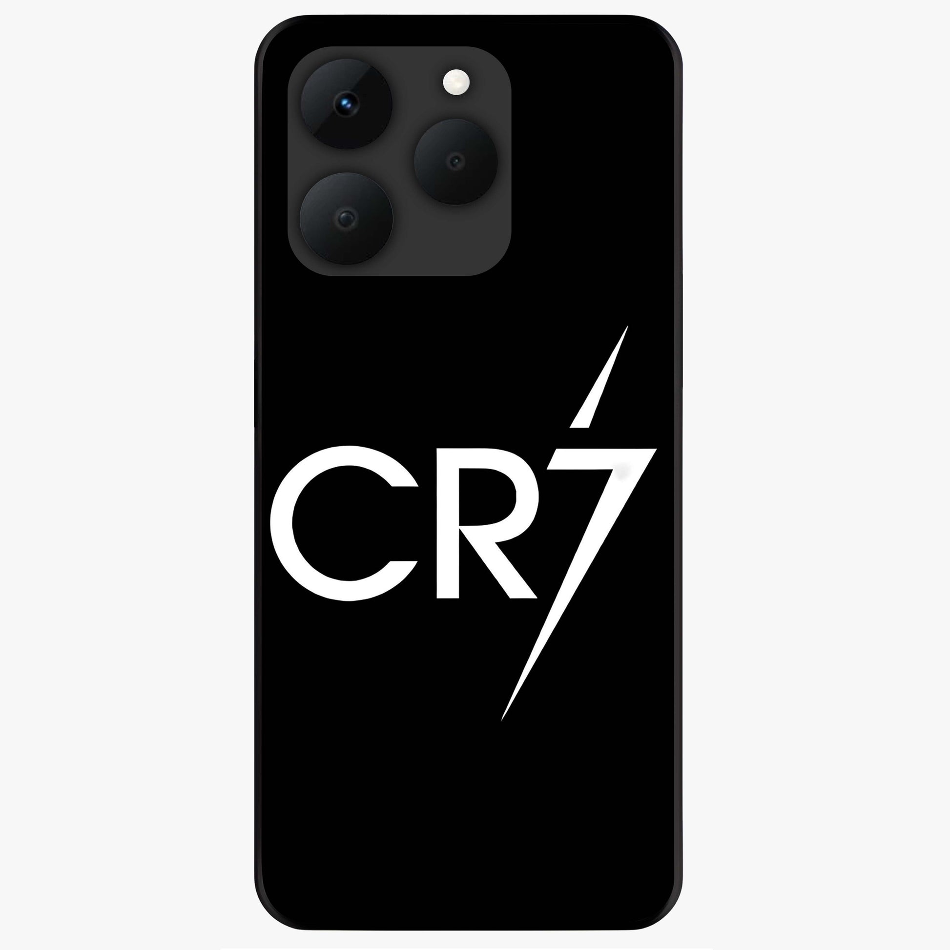 Cr7 Elite Strike Glass Case showing flat back view with dynamic football inspired artwork and glossy glass finish.