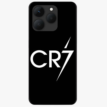 Cr7 Elite Strike Glass Case showing flat back view with dynamic football inspired artwork and glossy glass finish.