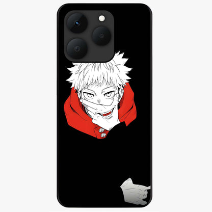 Crimson Chaos Smile Glass Case showing flat back view with bold chaotic smile artwork and glossy glass finish.