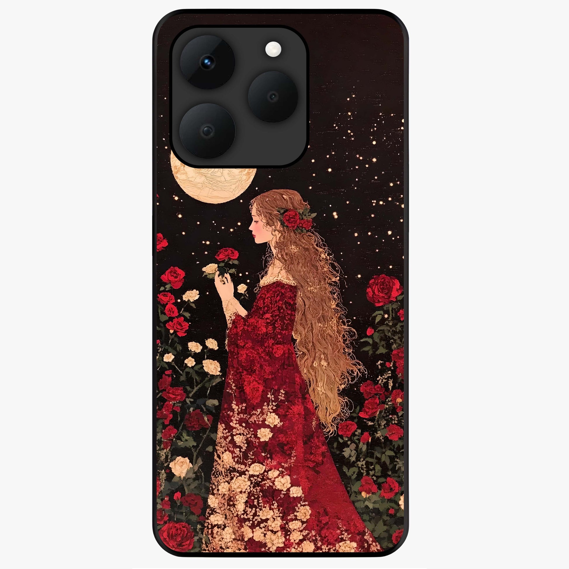 Crimson Dreams Glass Case showing flat back view with dreamy crimson artwork and glossy glass finish.