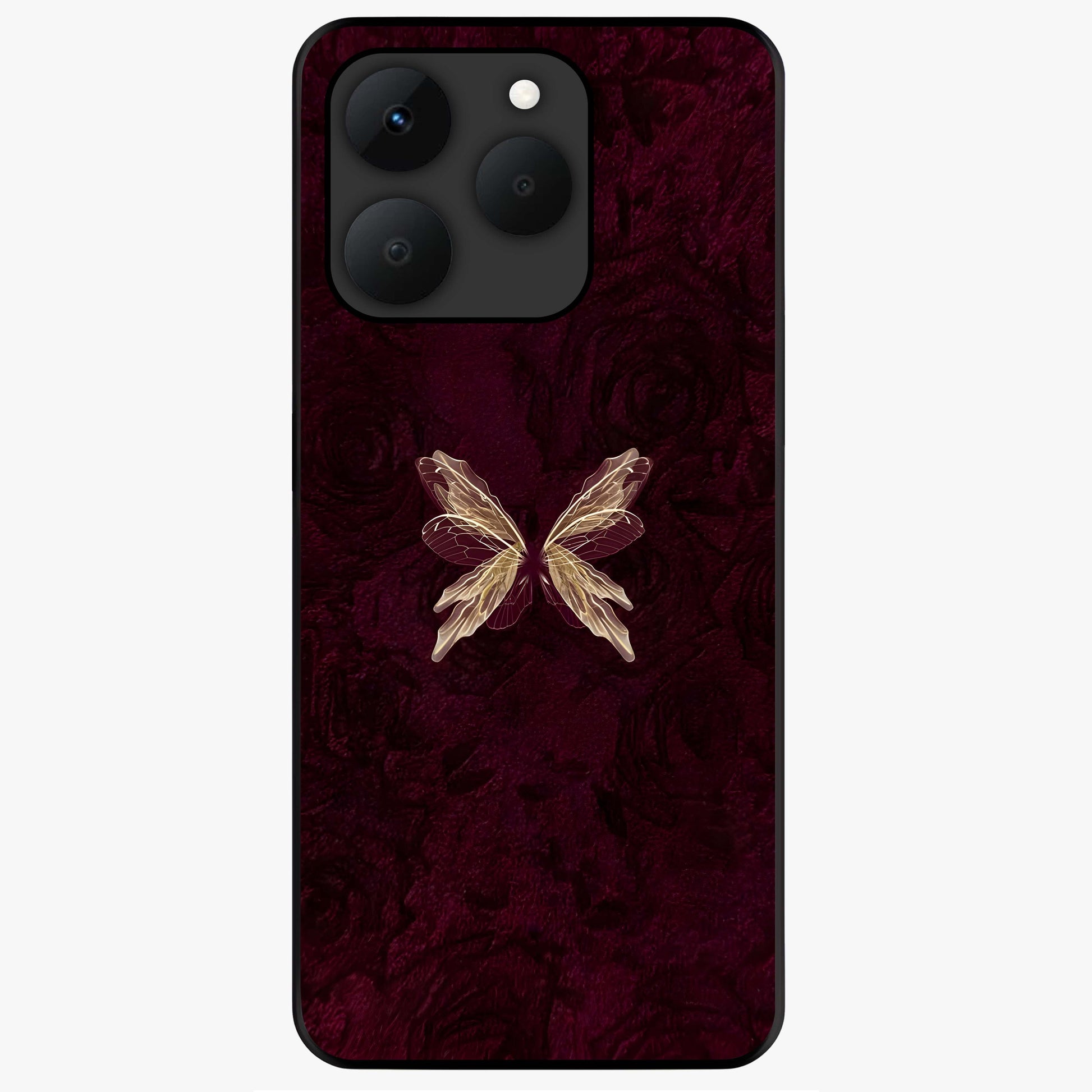 Crimson Fade Butterfly Glass Case showing flat back view with fading butterfly artwork and glossy glass finish.