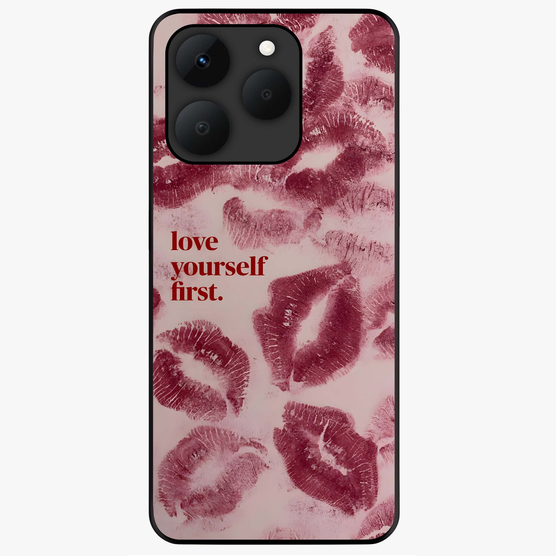 Crimson Kiss Love Glass Case showing flat back view with romantic crimson themed artwork and glossy glass finish.