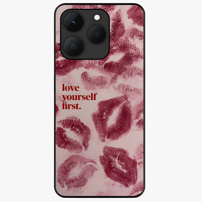 Crimson Kiss Love Glass Case showing flat back view with romantic crimson themed artwork and glossy glass finish.