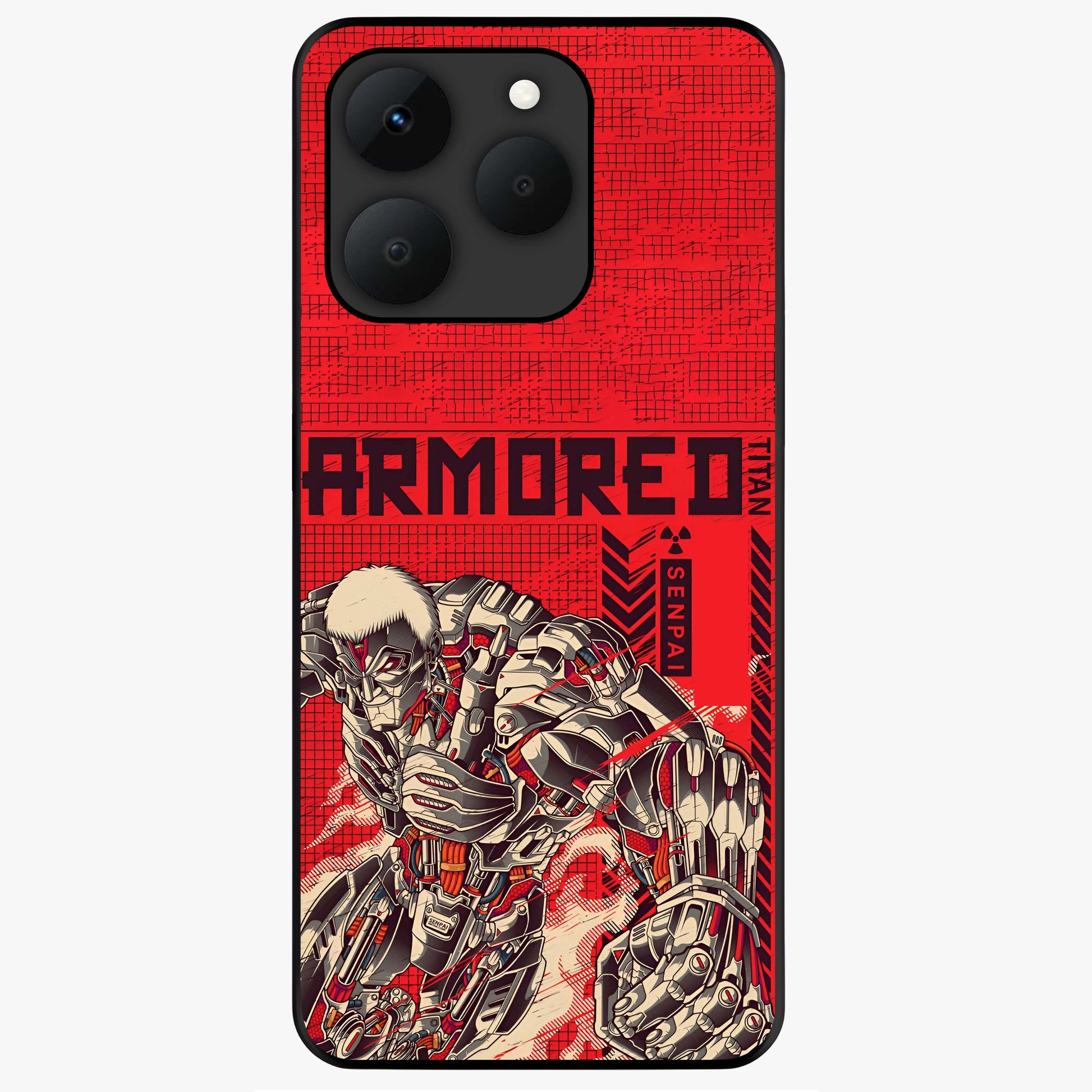 Crimson Mecha Titan Glass Case showing flat back view with powerful mech titan artwork and glossy glass finish.