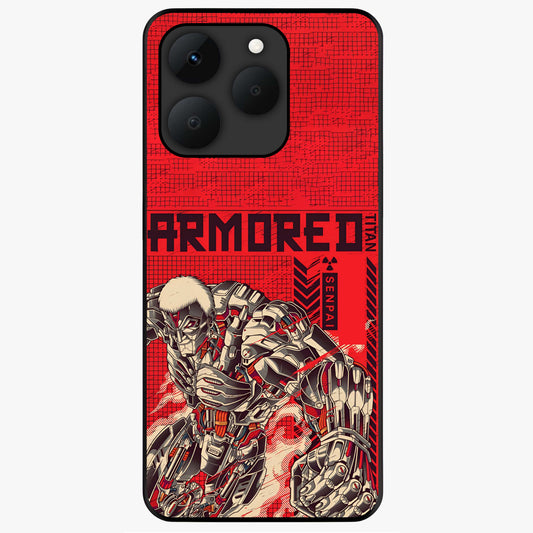 Crimson Mecha Titan Glass Case showing flat back view with powerful mech titan artwork and glossy glass finish.