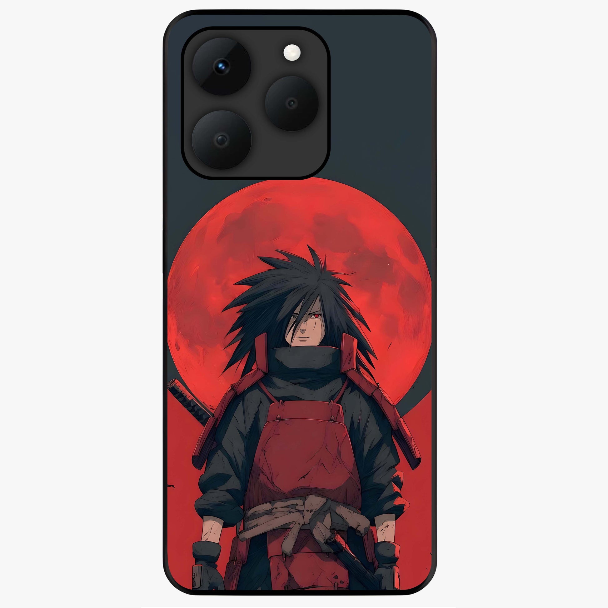 Crimson Moon Warlord Glass Case showing flat back view with mystical moon warrior artwork and glossy glass finish.