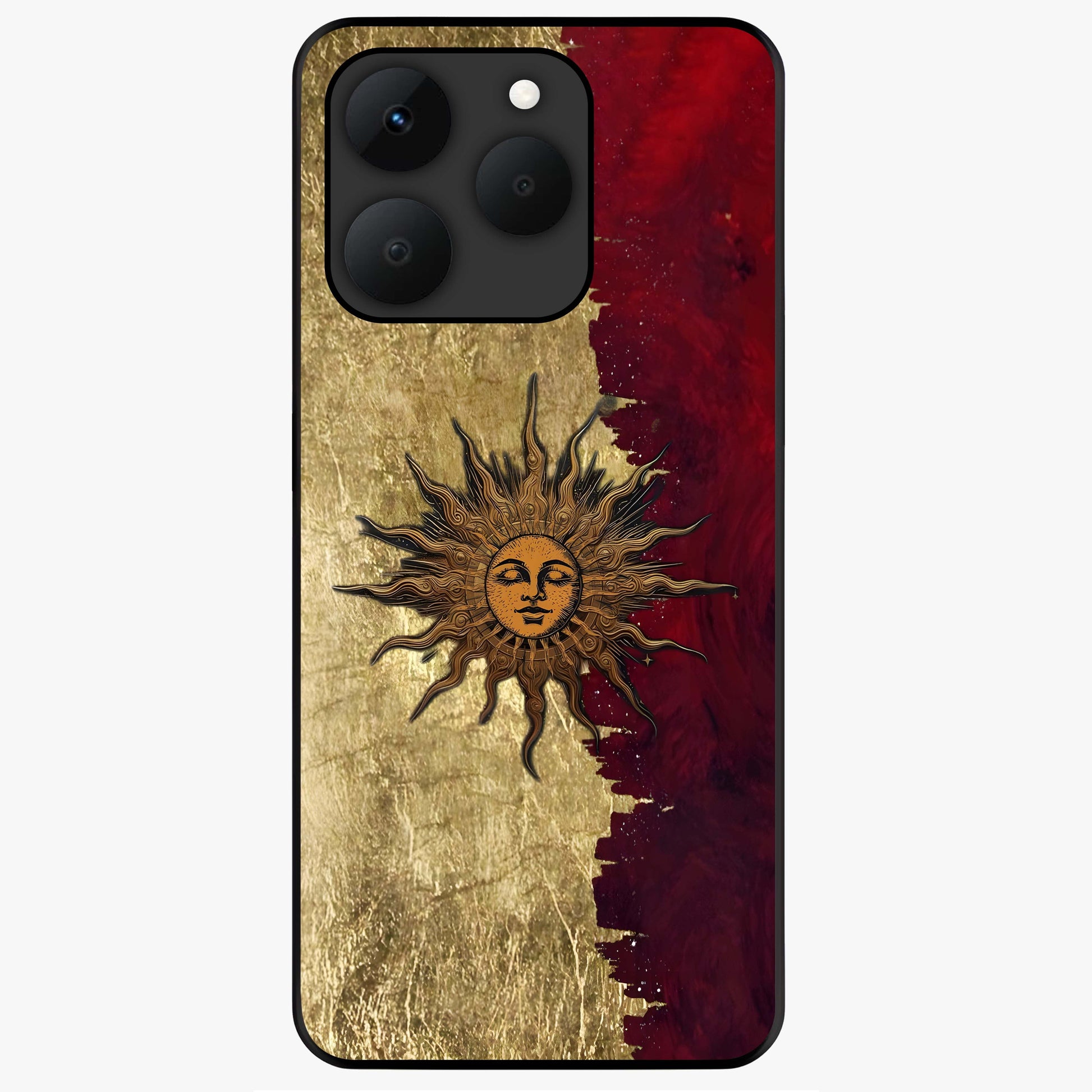 Crimson Sun Majesty Glass Case showing flat back view with radiant sun inspired artwork and glossy glass finish.
