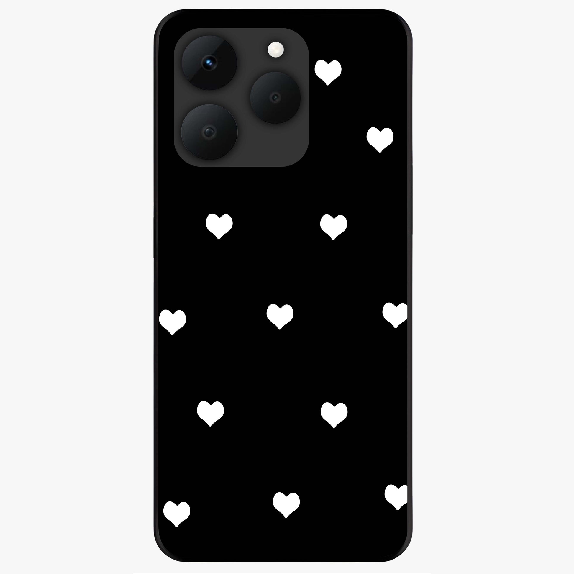 Cute And Simple White Hearts Glass Case showing flat back view with minimal white heart pattern and glossy glass finish.