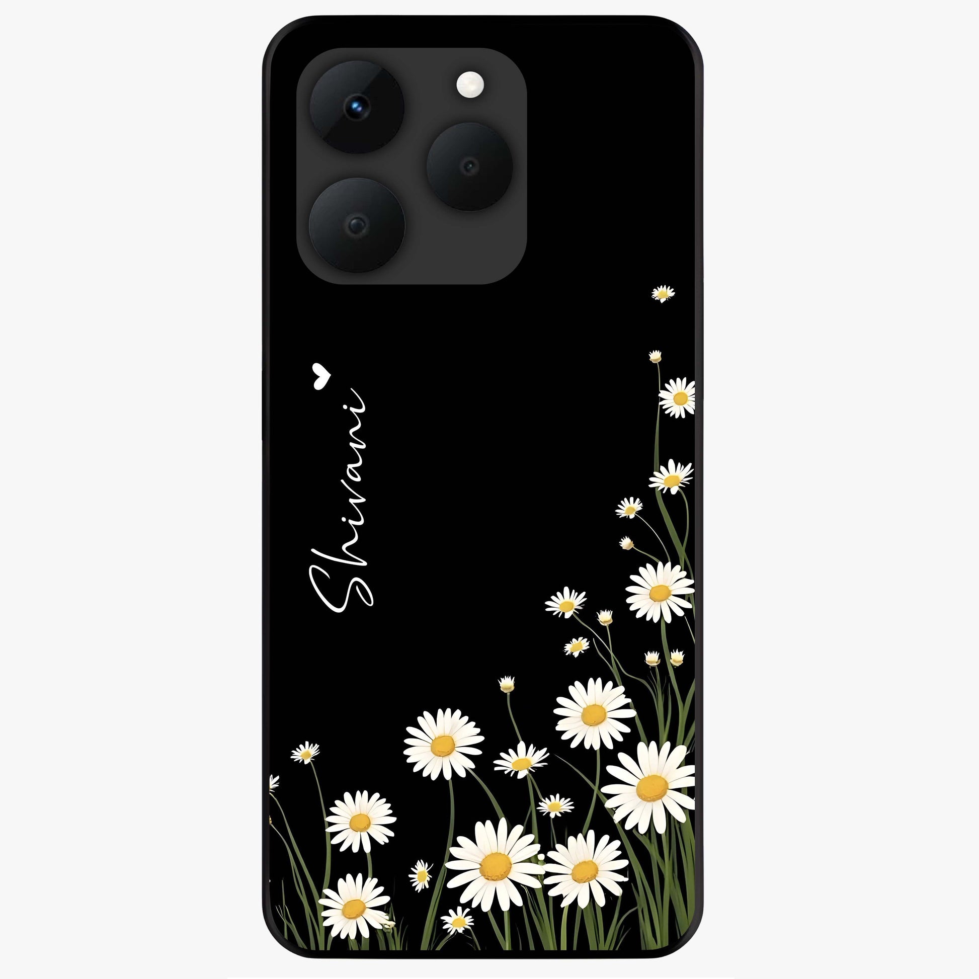Daisy Cascade Custom Name Glass Case showing flat back view with cascading daisy flowers and personalized name design.