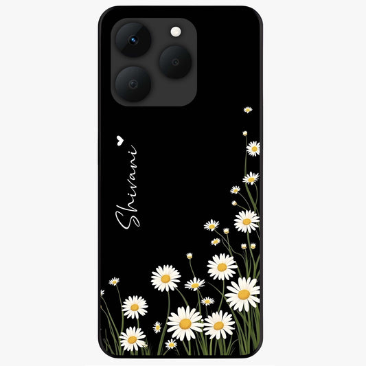 Daisy Cascade Custom Name Glass Case showing flat back view with cascading daisy flowers and personalized name design.