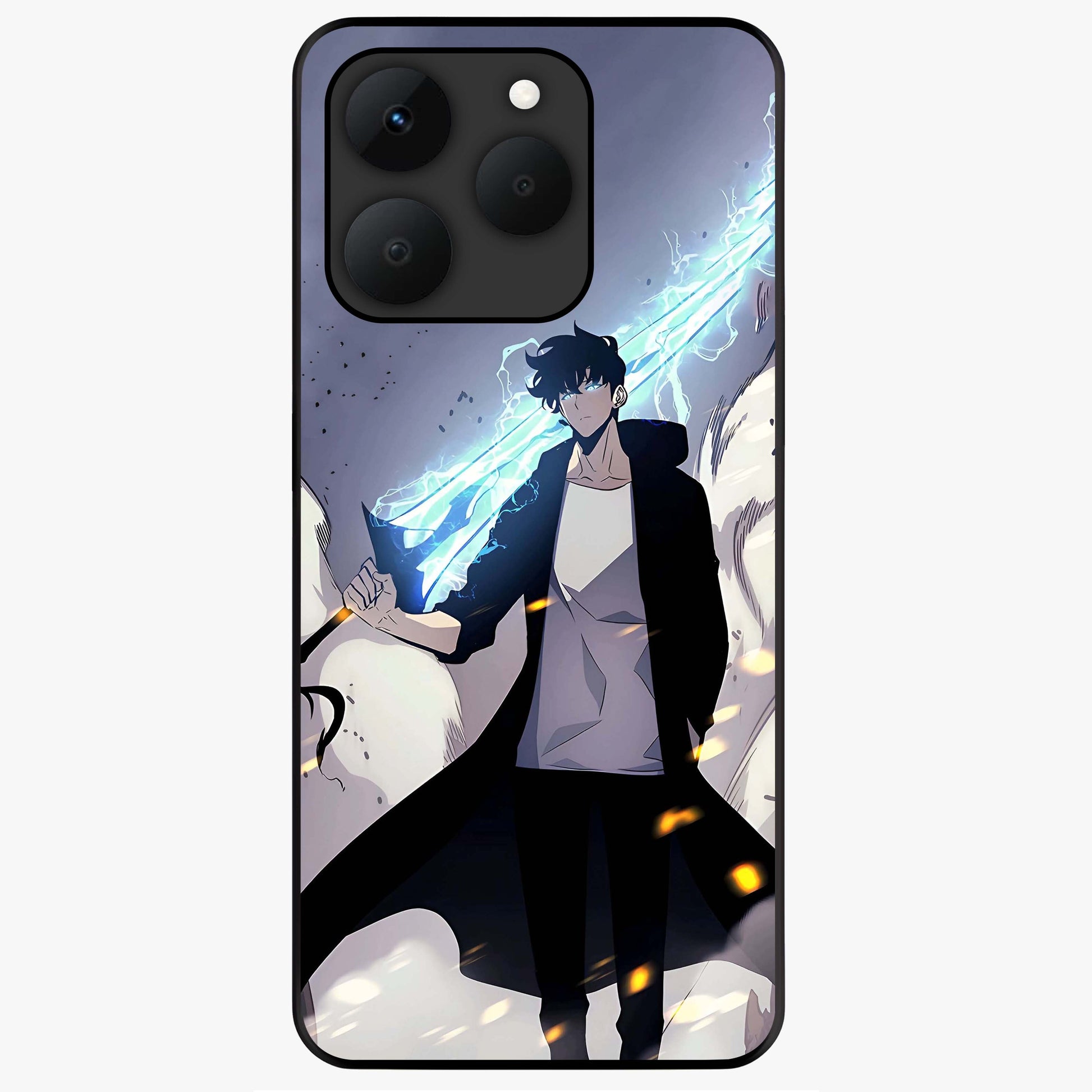 Dark Lightning Anime Warrior Glass Case showing flat back view with intense anime warrior artwork and glossy glass finish.