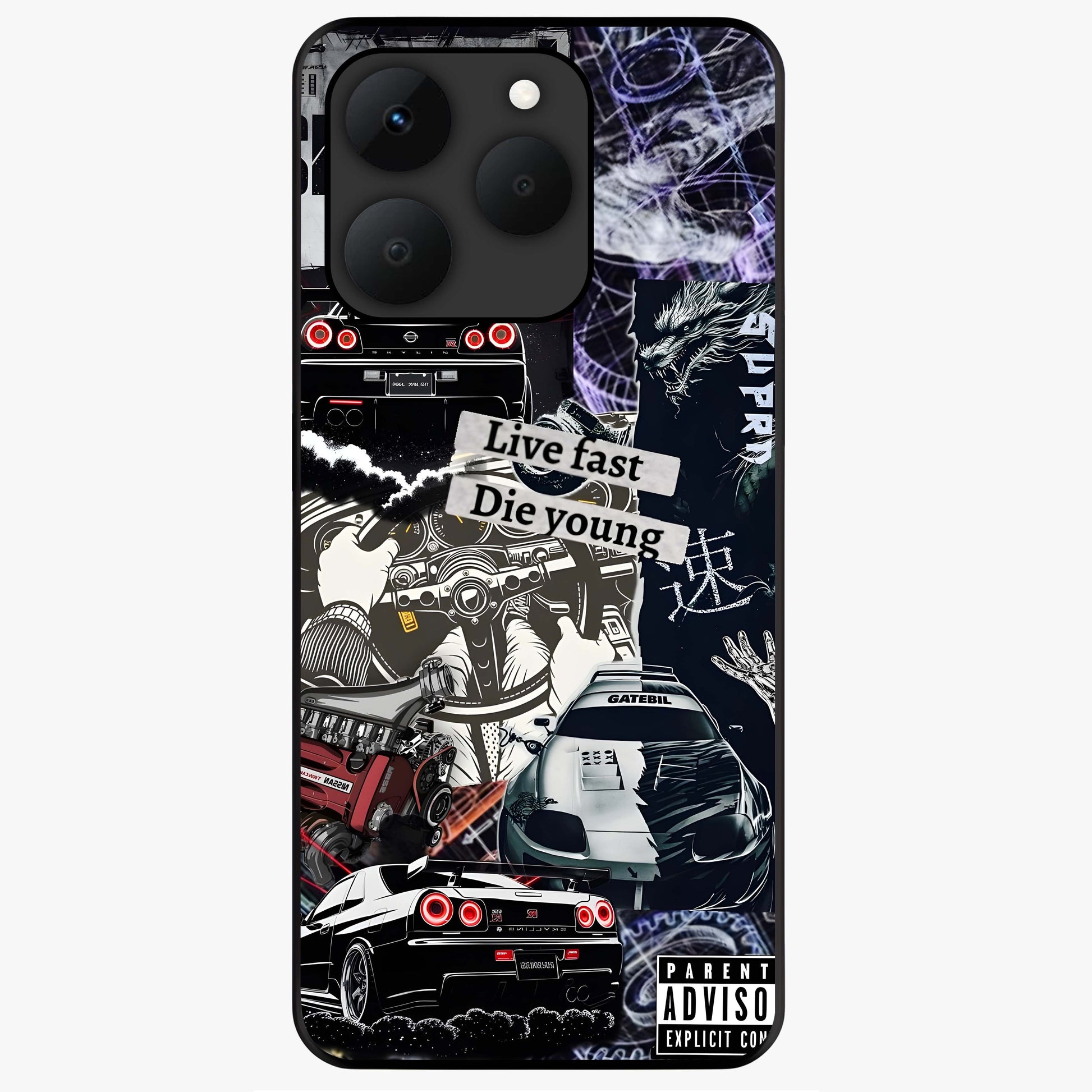 Die Young Glass Case showing flat back view with bold artistic typography design and glossy glass finish.