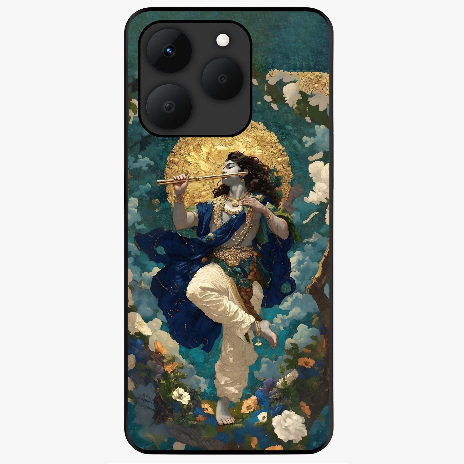 Divine Krishna Art Glass Case showing flat back view with Lord Krishna artwork and glossy glass finish.