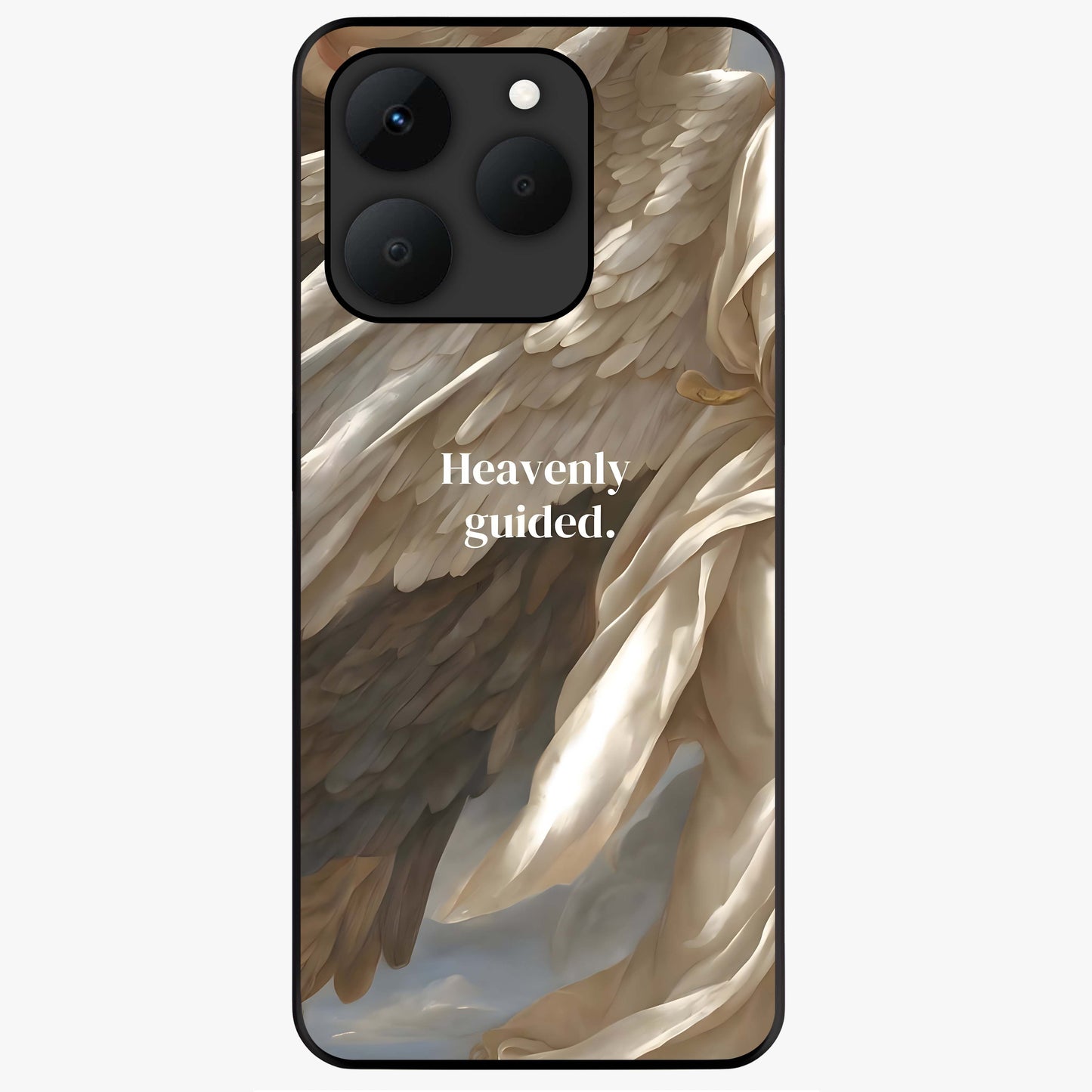 Divine Winged Grace Glass Case showing flat back view with elegant wing inspired artwork and glossy glass finish.