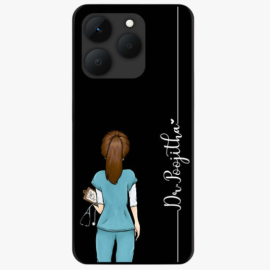 Doctor Pattern Custom Name Glass Case showing flat back view with medical themed pattern and personalized name design.