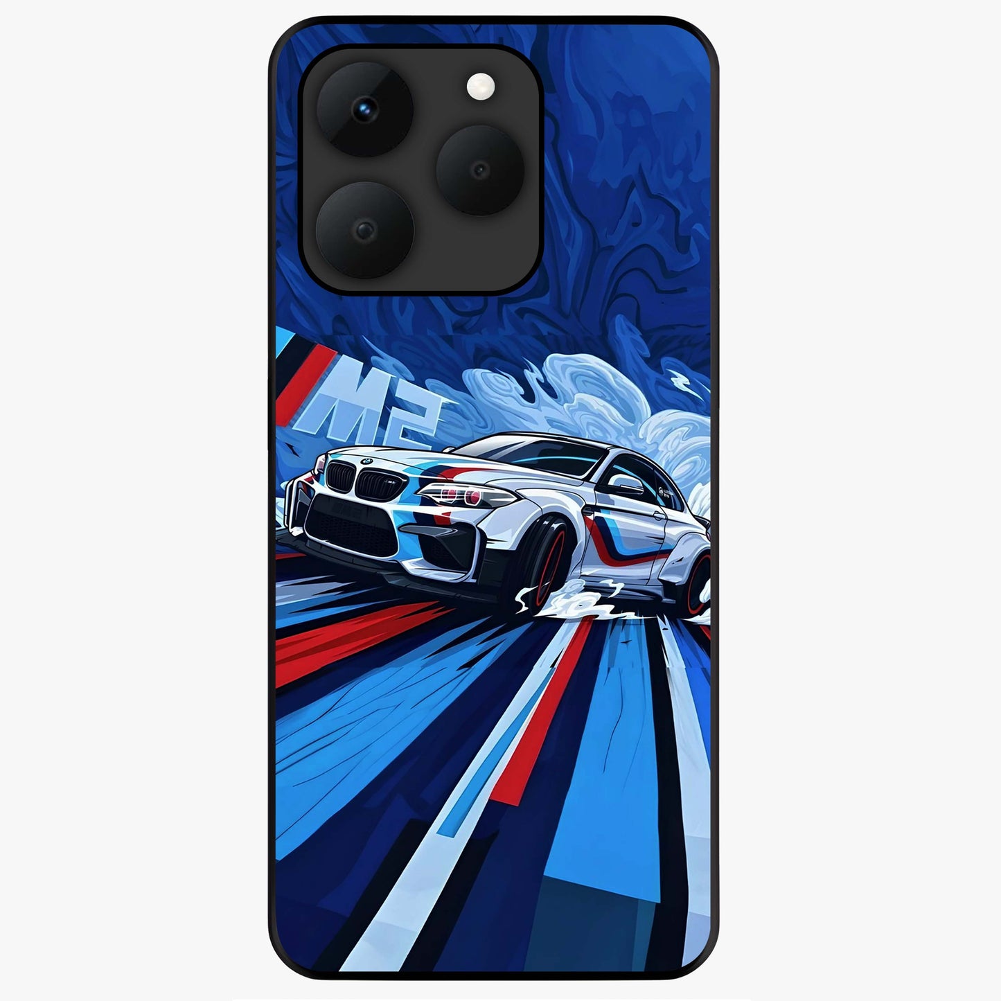 Drift Power Rush Glass Case showing flat back view with dynamic racing inspired artwork and glossy glass finish.