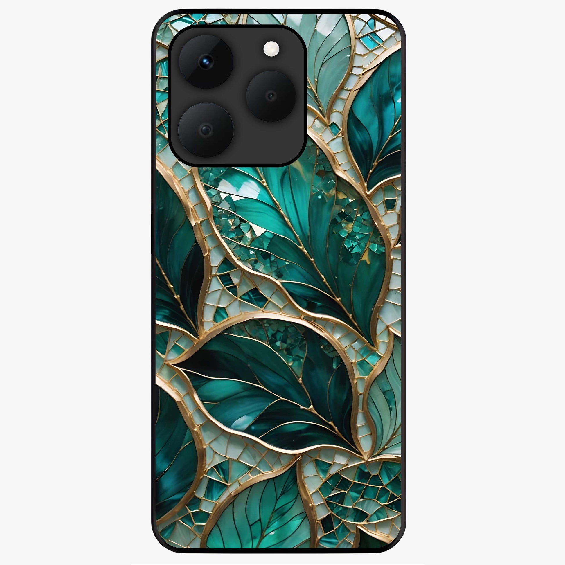 Emerald Leaf Glass Glass Case showing flat back view with emerald green leaf artwork and glossy glass finish.