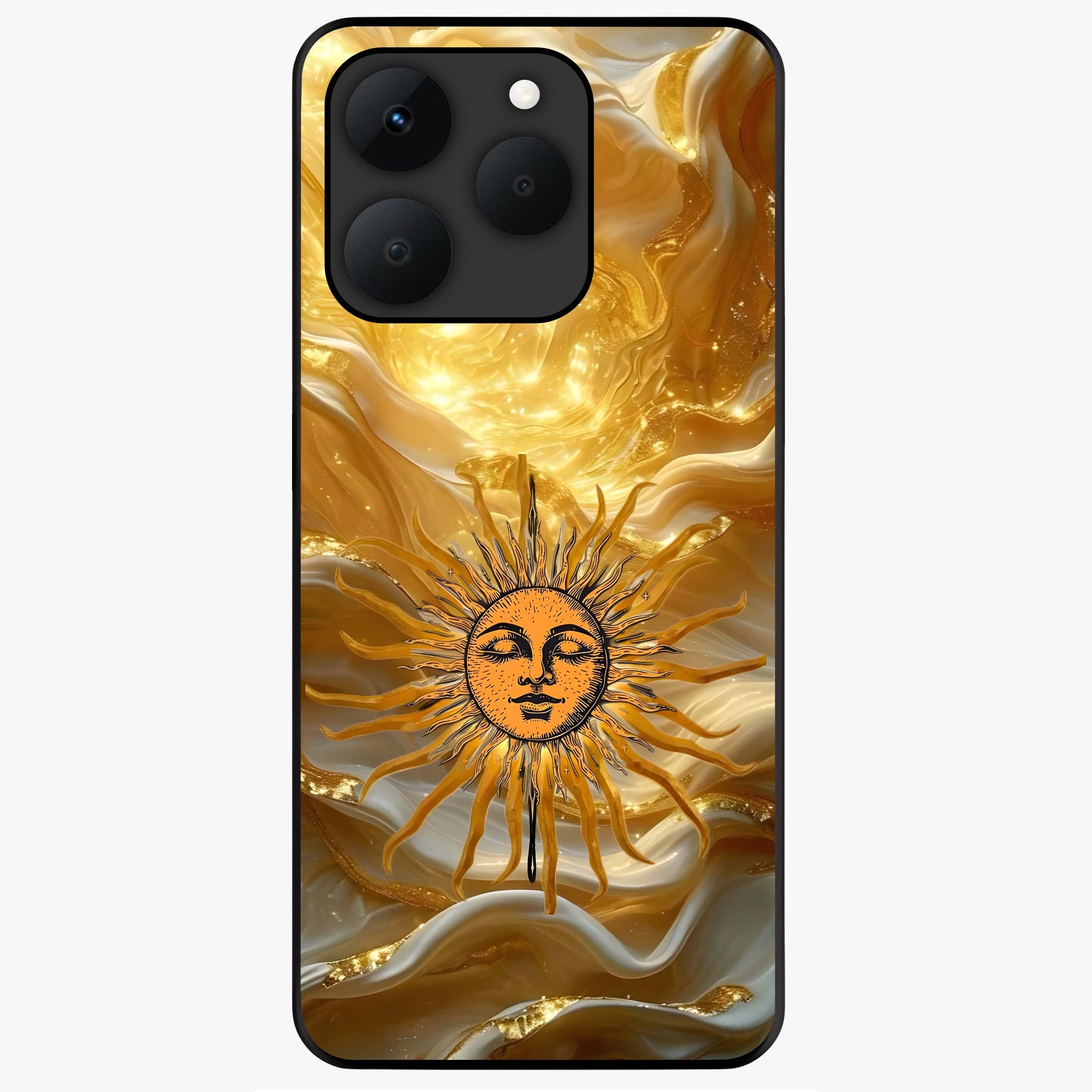 Eternal Golden Glow Glass Case showing flat back view with radiant golden themed artwork and glossy glass finish.