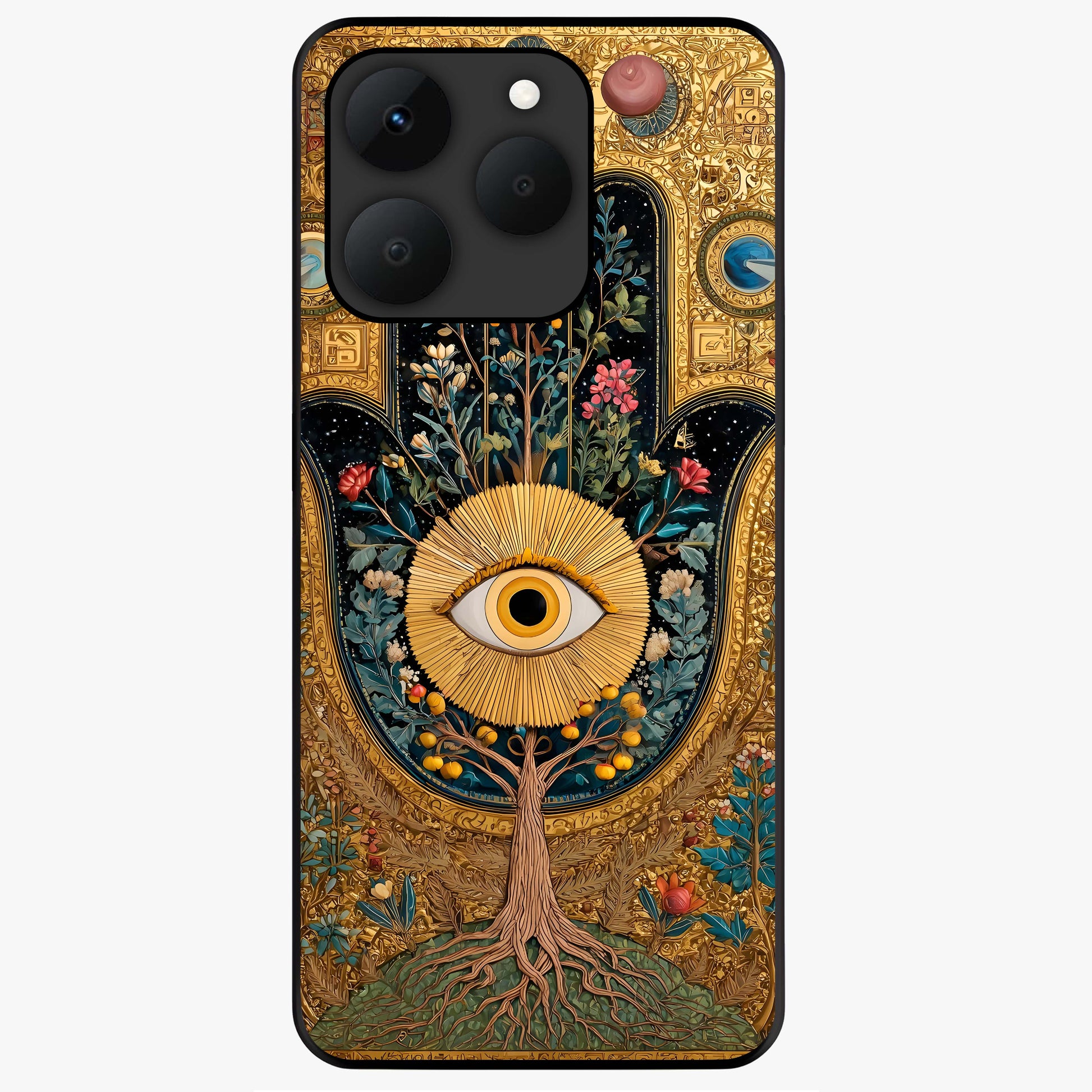 Ethereal Evil Eye Glass Case showing flat back view with mystical evil eye artwork and glossy glass finish.