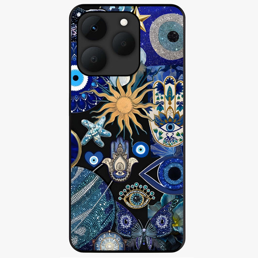 Evil Eye Charm Mix Glass Case showing flat back view with multiple evil eye charms artwork and glossy glass finish.