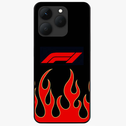 Fire F11 Glass Case showing flat back view with fiery themed artwork and glossy glass finish.