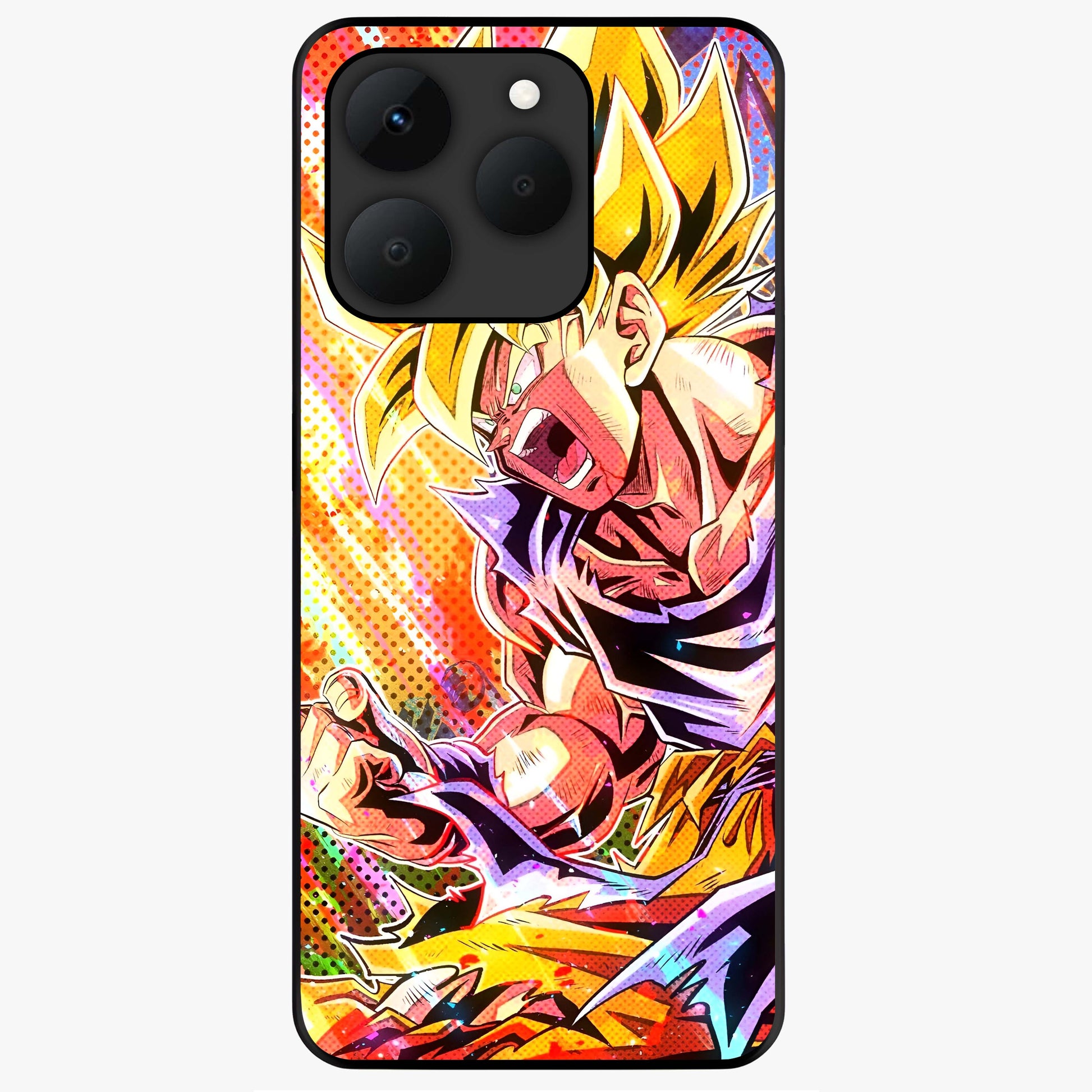 Firing Goku Glass Case showing flat back view with powerful anime inspired artwork and glossy glass finish.