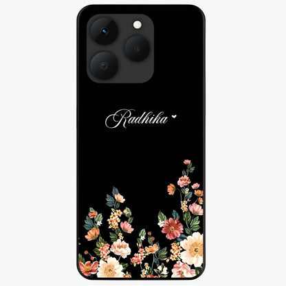 Floral Design With a Custom Personalized Name Glass Case showing flat back view with floral artwork and personalized name design.
