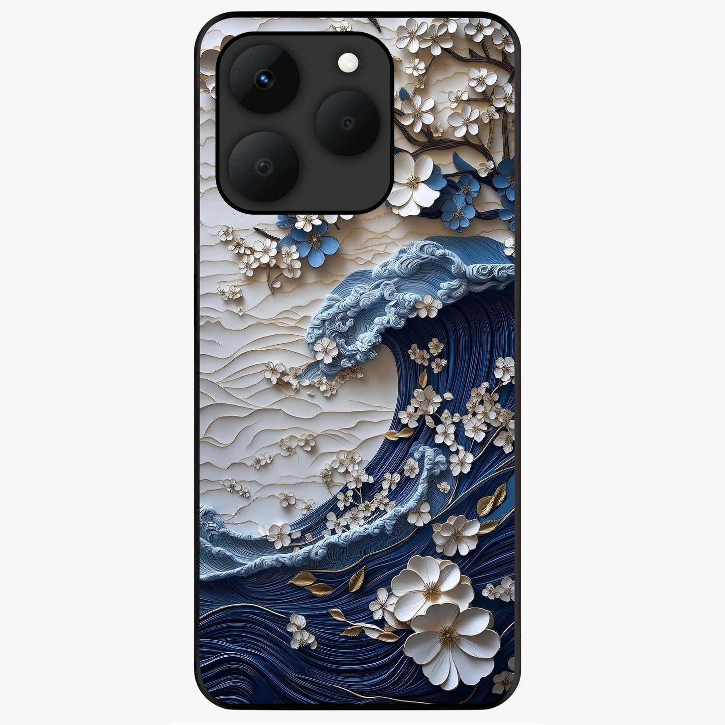 Floral Wave Origami Glass Case showing flat back view with origami inspired floral wave artwork and glossy glass finish.