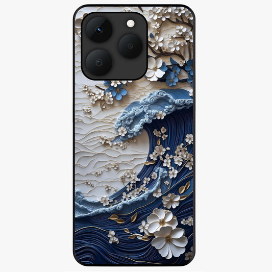Floral Wave Origami Glass Case showing flat back view with origami inspired floral wave artwork and glossy glass finish.