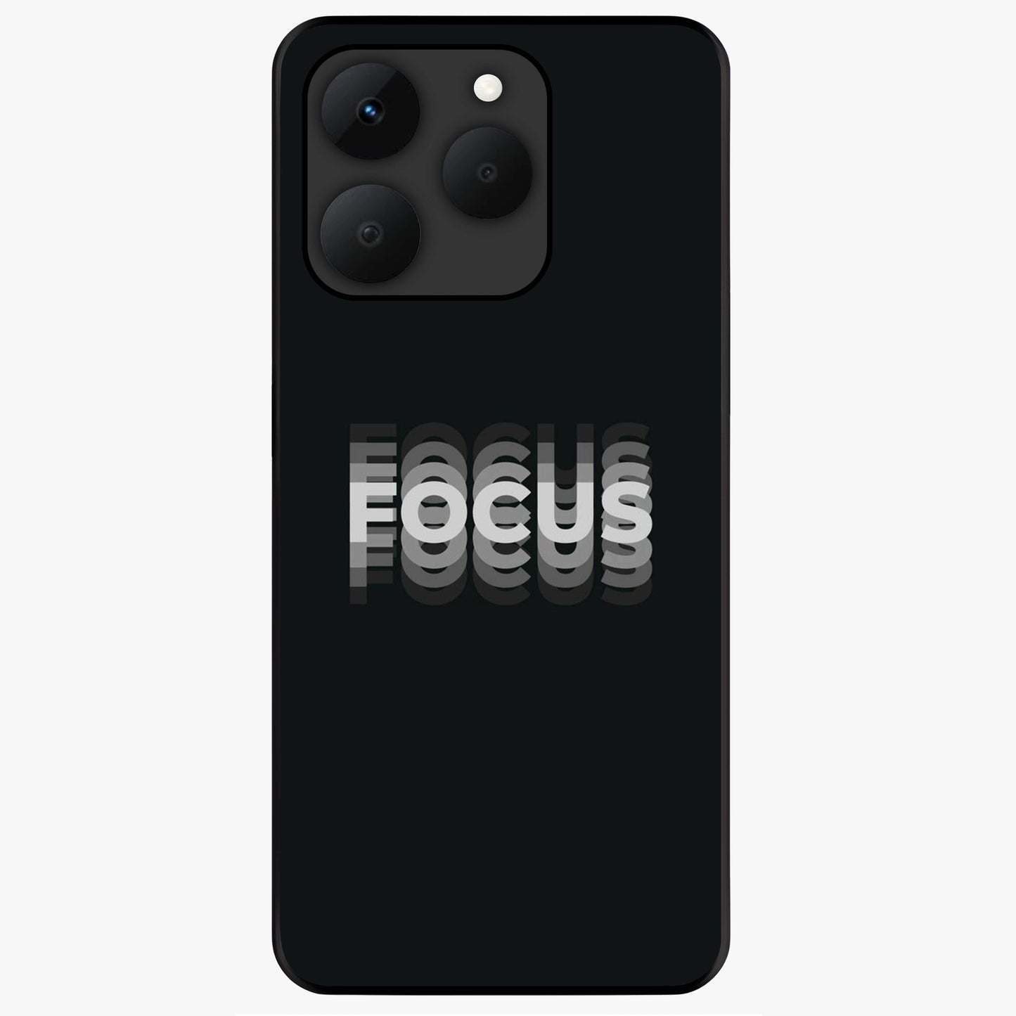 Focus Mode On Glass Case showing flat back view with bold motivational typography design and glossy glass finish.