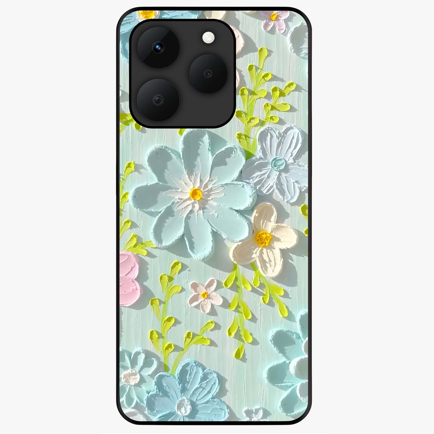 Frosted Petal Garden Glass Case showing flat back view with soft frosted floral artwork and glossy glass finish.