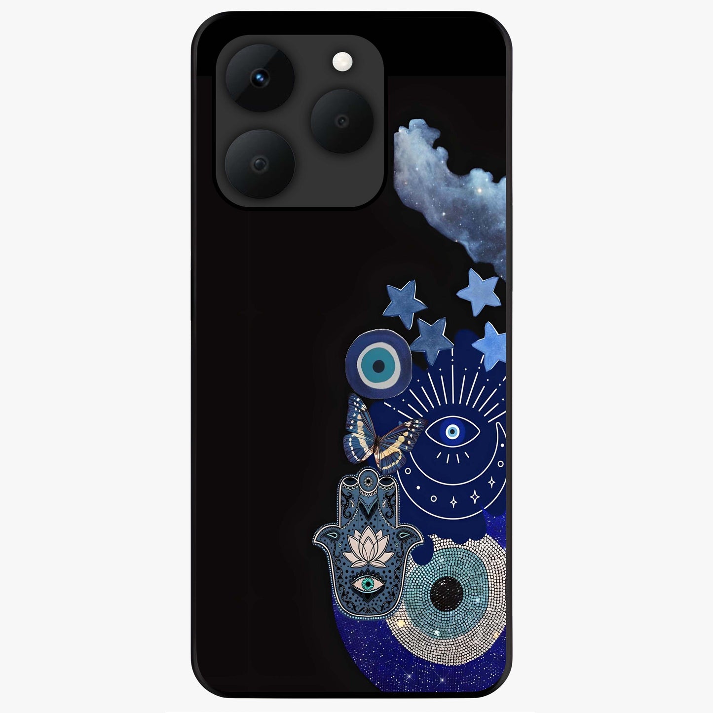 Galactic Charm Cluster Glass Case showing flat back view with glowing celestial charm artwork and glossy glass finish.