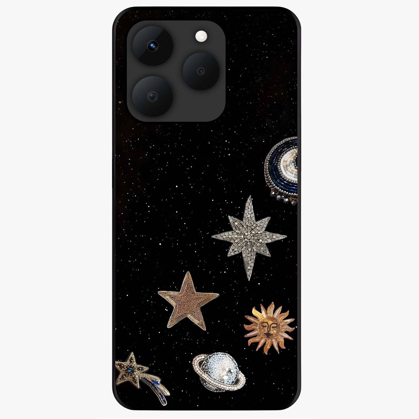 Galactic Charm Glow Glass Case showing flat back view with glowing celestial charm artwork and glossy glass finish.
